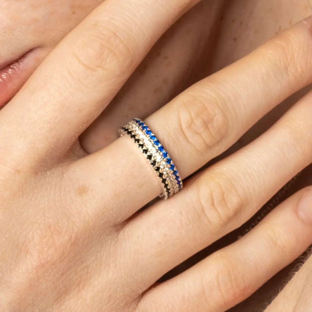 Anello Tris in argento 925 con zirconi neri, bianco e blu - collezione Nuance - Adami Gioielli